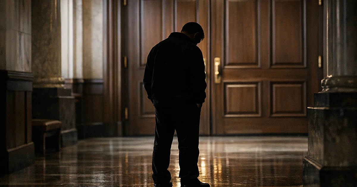 Silhouetted figure standing before courthouse doors in dimly lit corridor with long shadows on marble floor