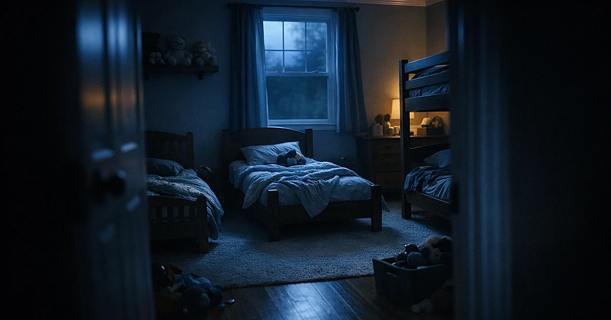 Empty children's bedroom with three small beds at twilight, toys on shelves, viewed from doorway