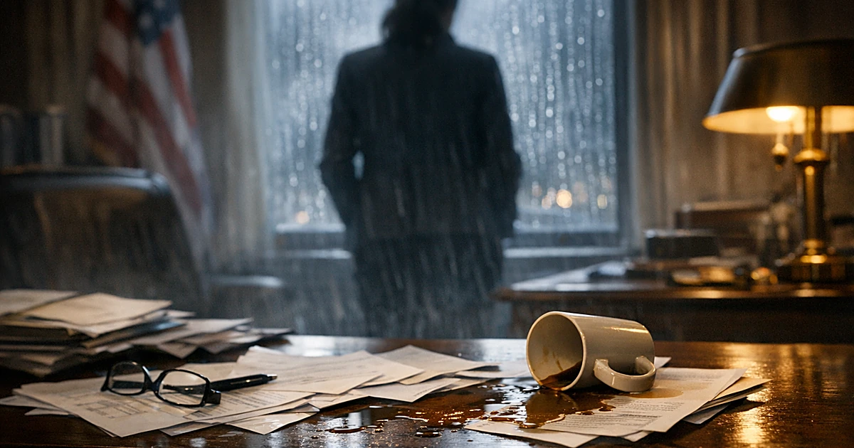 Congressional office desk with scattered papers and spilled coffee, silhouetted figure at window in background