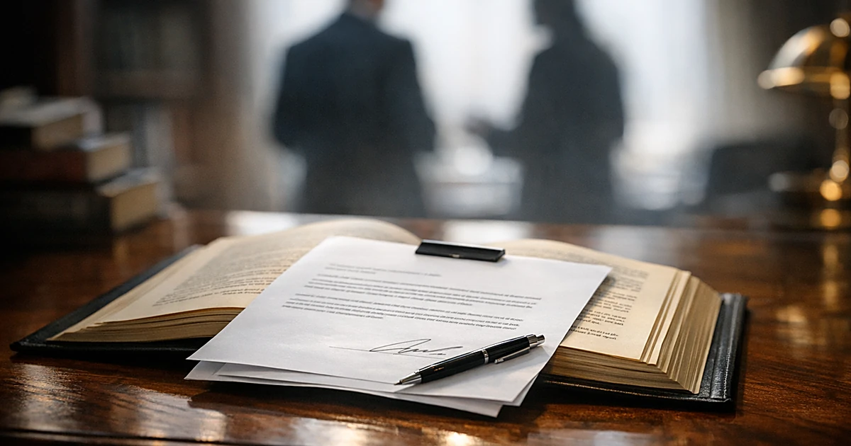 Open hardcover book on wooden table with legal letter placed across pages, silhouetted figures in background
