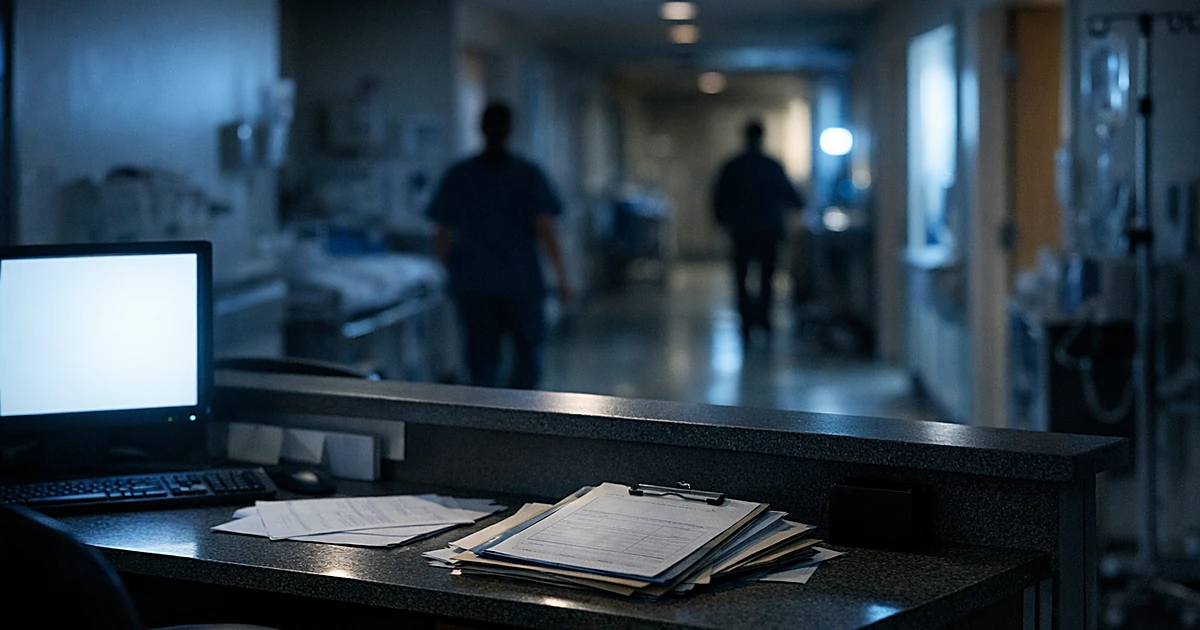 Hospital pediatric ward corridor at night with nurse station and silhouetted medical staff in background
