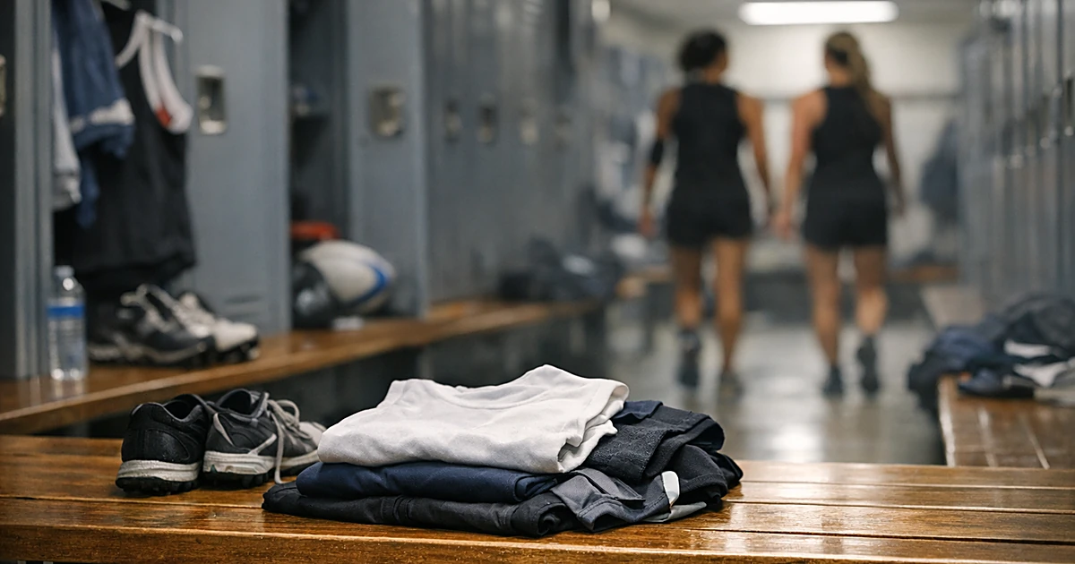 Empty women's locker room with open locker and athletic clothing on bench