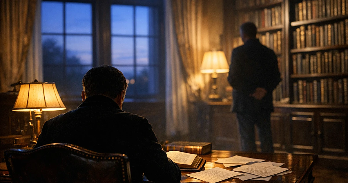 Silhouetted figures in an English estate library with manuscript pages on desk at dusk