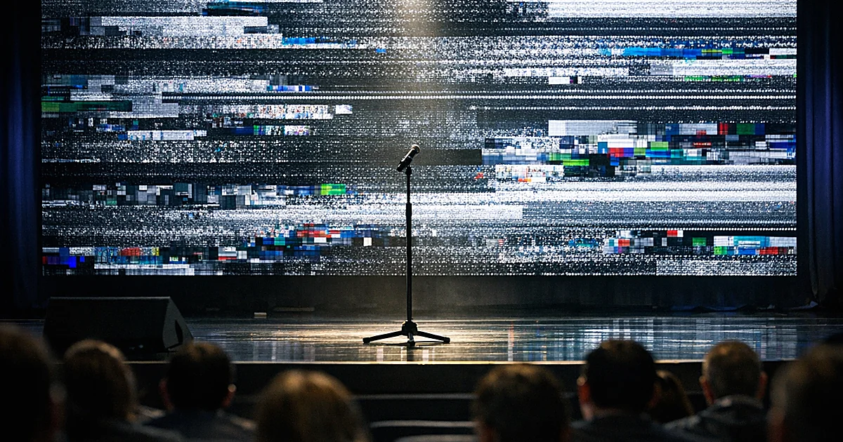 Empty conference stage with microphone and glitching LED screen showing technical malfunction