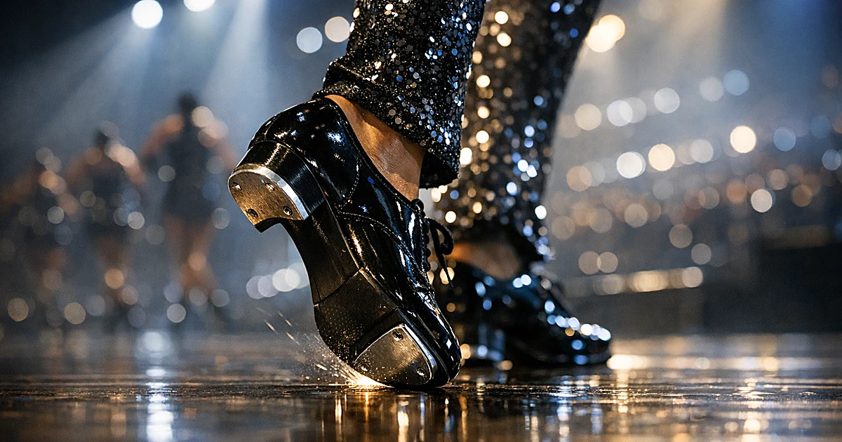Close-up of tap dancer's feet in black patent shoes striking polished wooden stage floor under dramatic lighting
