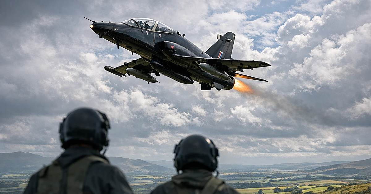 RAF Hawk T2 training jet in flight over Welsh countryside during training exercise