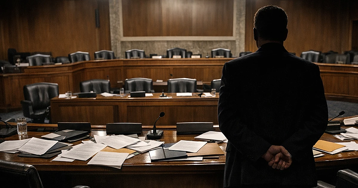 Empty congressional hearing room with scattered documents on committee table and silhouetted figure standing
