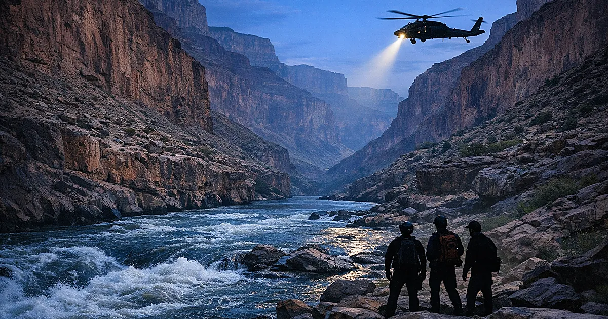 Colorado River flowing through Grand Canyon at dusk with rescue helicopter silhouette searching remote canyon walls
