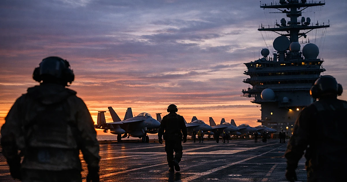 Aircraft carrier deck at dusk with fighter jets and silhouetted naval personnel walking across the flight deck
