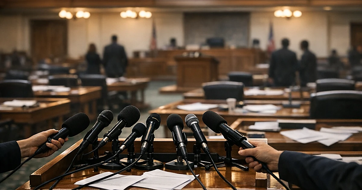 Multiple microphones extended toward empty legislative chamber podium with scattered papers on desks
