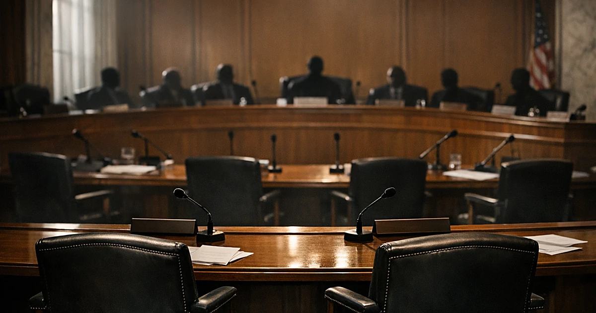 Empty Senate hearing room with two vacant witness chairs at table, microphones ready, dramatic window lighting