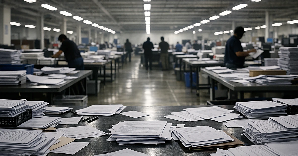 Interior of voter registration processing facility with rows of tables covered in blank forms and documents
