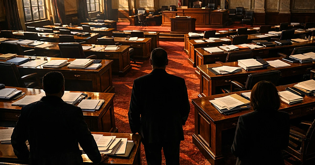 Empty legislative chamber with scattered budget documents on desks, dramatic afternoon sunlight through windows