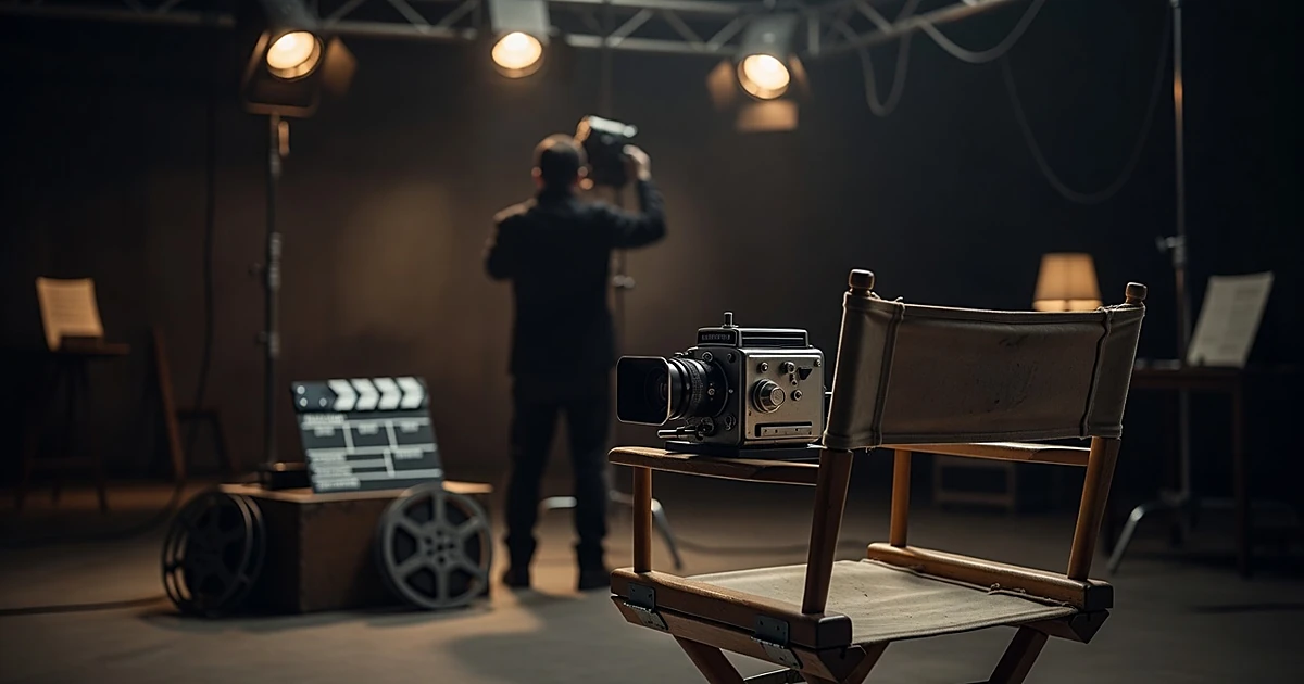 Film camera and director's chair on empty movie soundstage with dramatic lighting and silhouetted crew in background