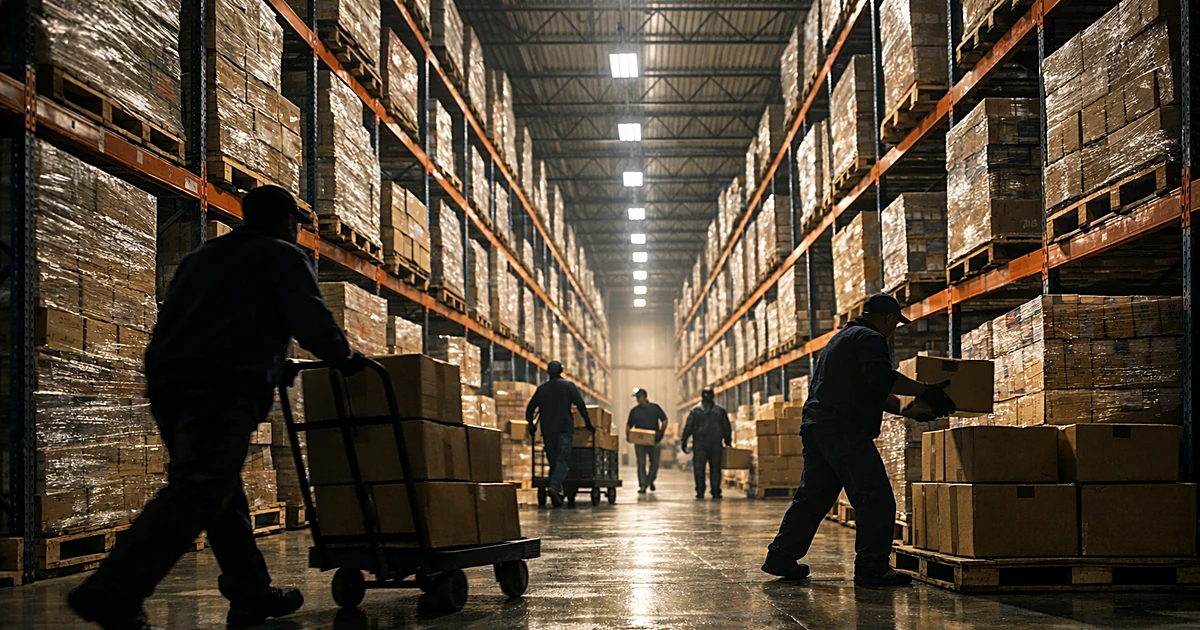 Government warehouse with tall shelving units filled with food supply boxes and silhouetted workers moving pallets