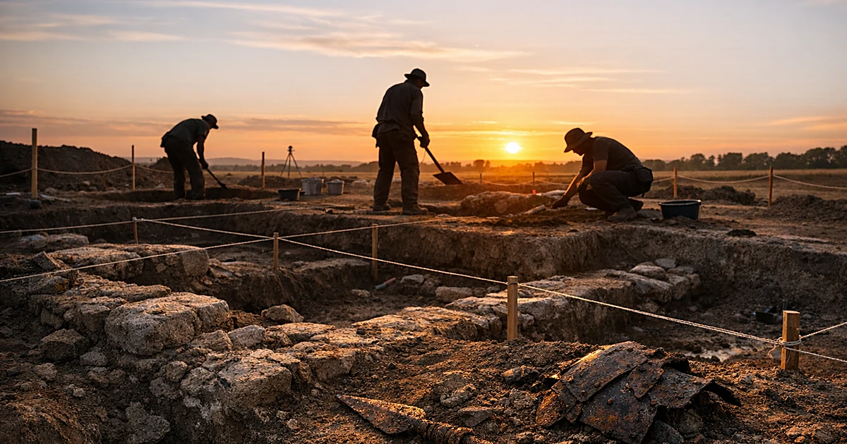 Archaeological excavation site showing ancient Roman military camp remains with artifacts in trenches at sunset
