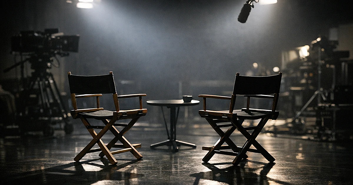 Two empty director's chairs positioned apart on a television studio set under dramatic lighting