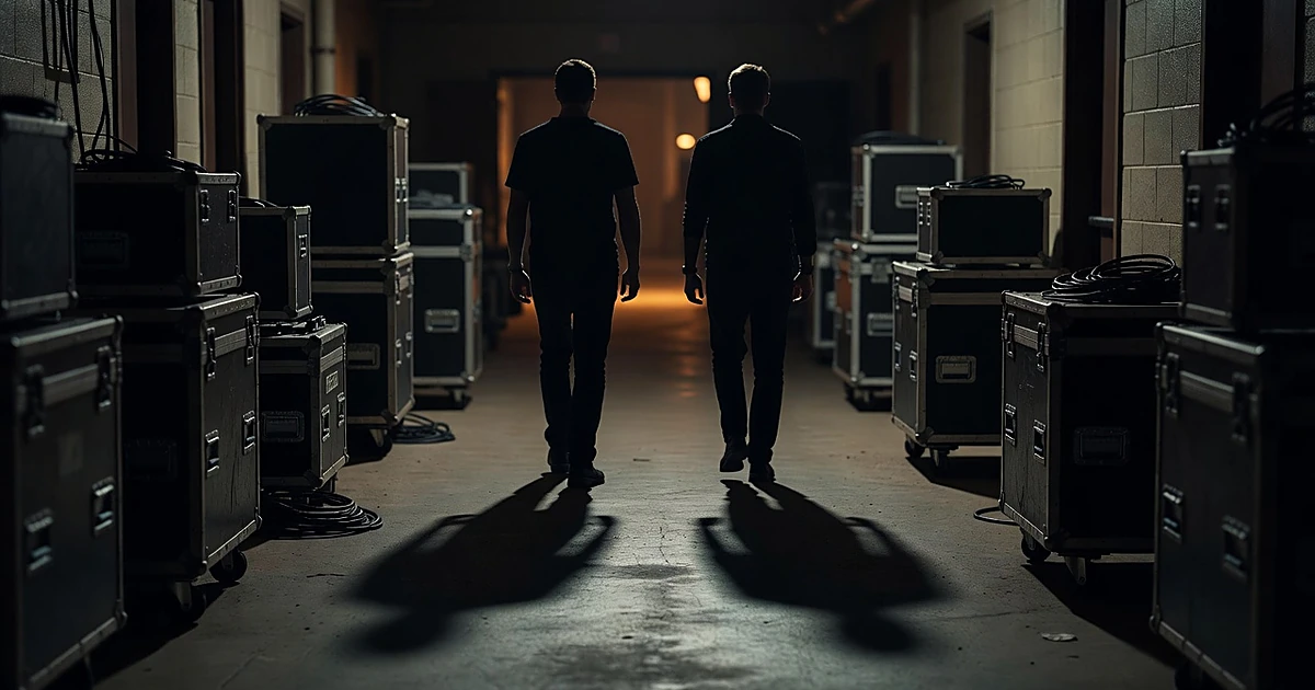Two silhouetted figures walking opposite directions in dimly lit backstage concert venue corridor