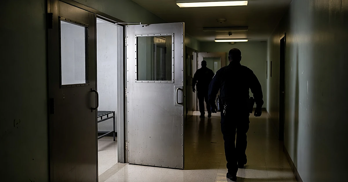 Immigration detention facility corridor with open cell door and silhouetted officers in harsh institutional lighting