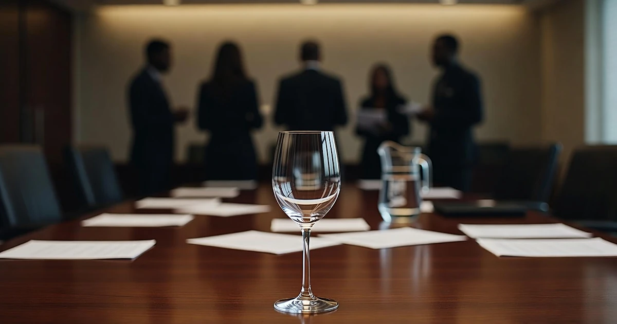 Wine glass on boardroom table with silhouetted staff in background during workplace training session
