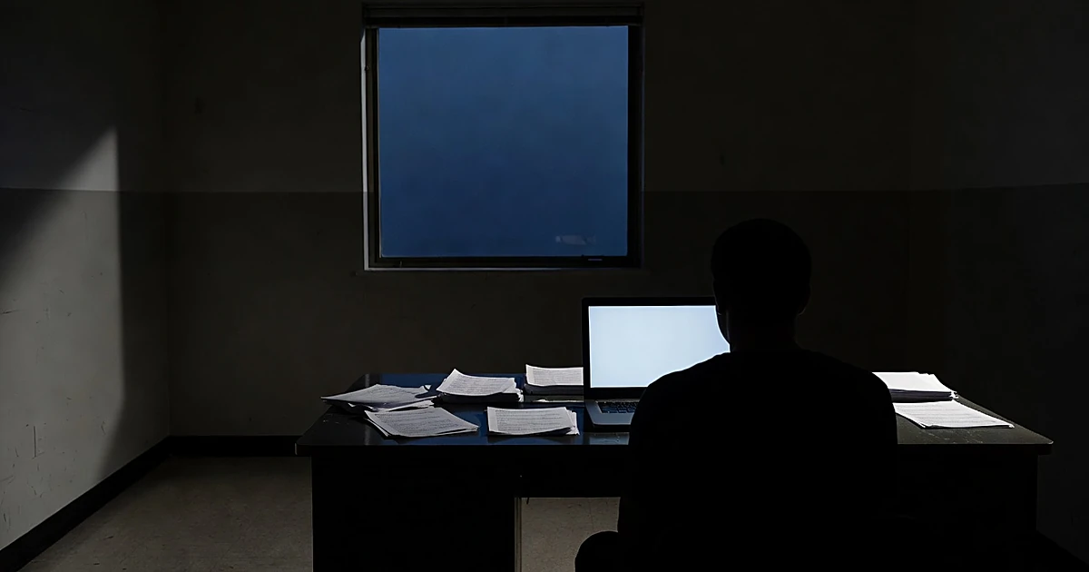 Silhouetted figure at desk with laptop in dim military recruitment office at dusk