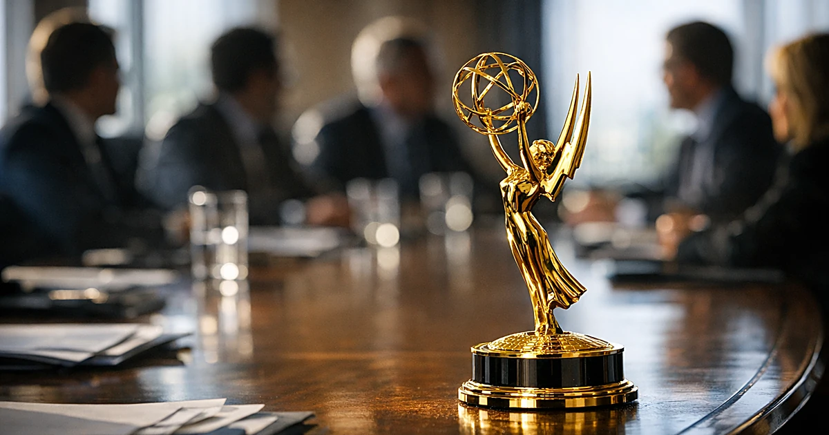 Emmy award statuette on boardroom table with silhouetted executives in background during corporate meeting