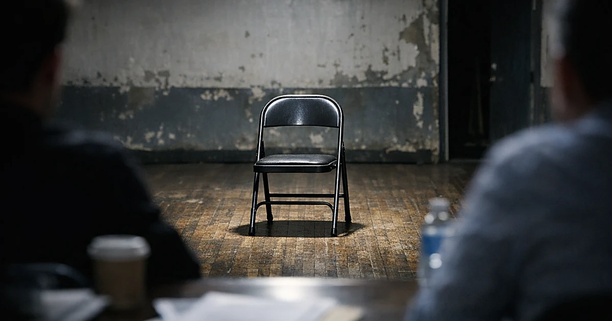 Empty metal folding chair in stark audition room under harsh fluorescent lighting with worn wooden floors