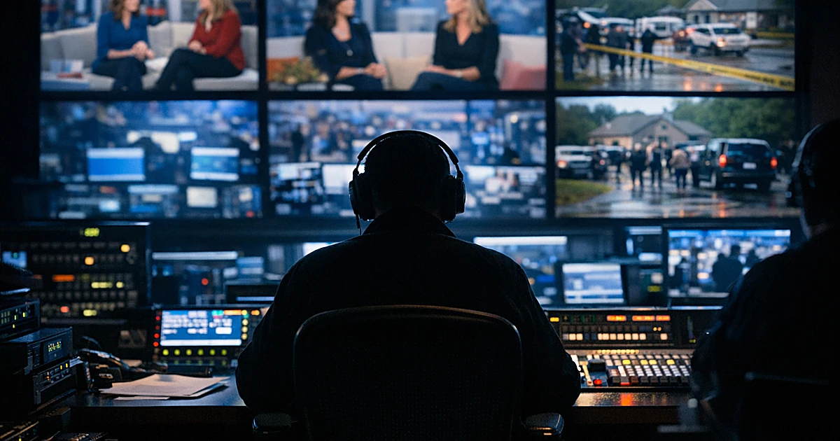 Silhouetted broadcast operator at console facing wall of glowing television monitors in darkened studio control room