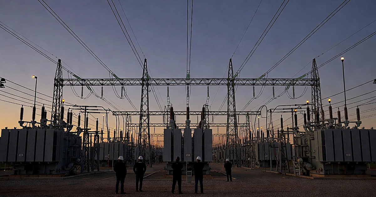 Industrial power substation with massive transformers and silhouetted workers at dusk