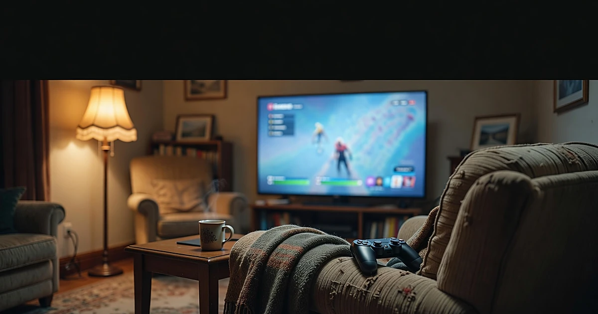 Gaming controller on living room chair with television screen glowing in background showing video game interface
