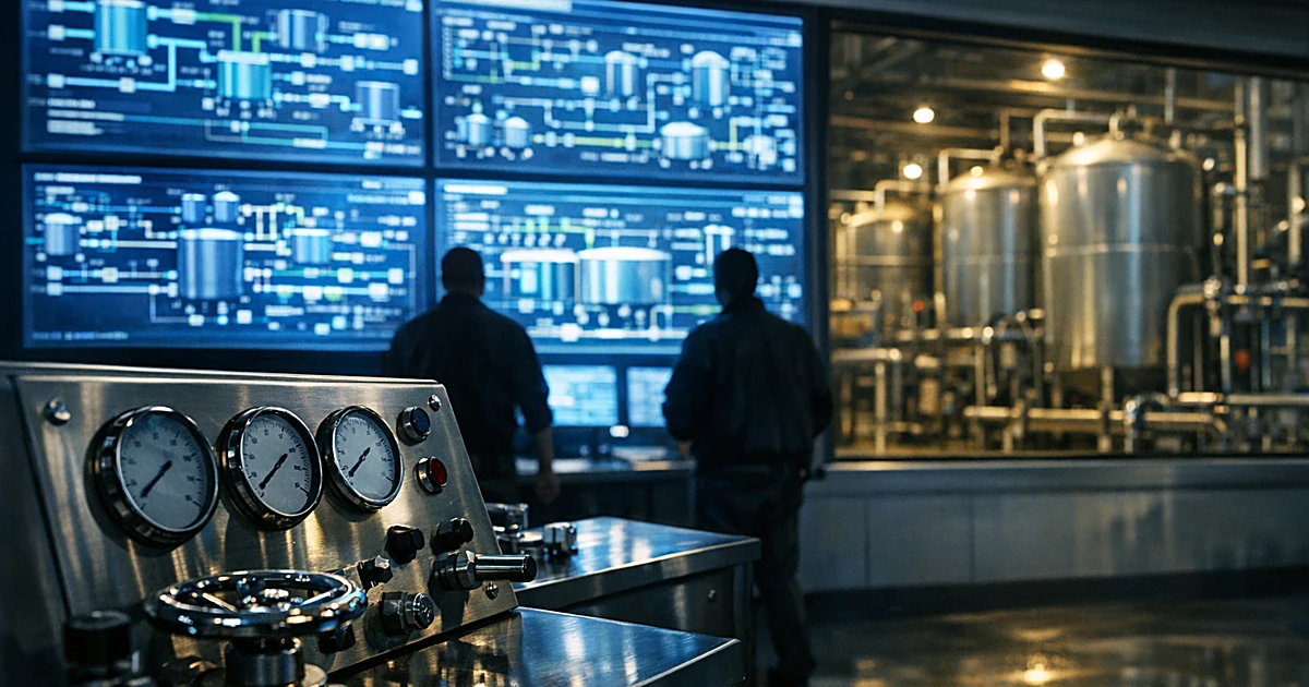 Water treatment facility control room with monitoring screens and filtration tanks visible through window
