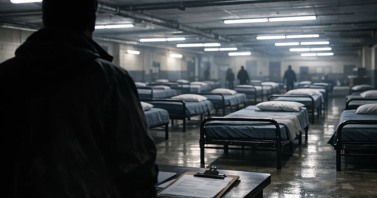 Empty homeless shelter beds under fluorescent lights with silhouetted figure viewing vacant facility