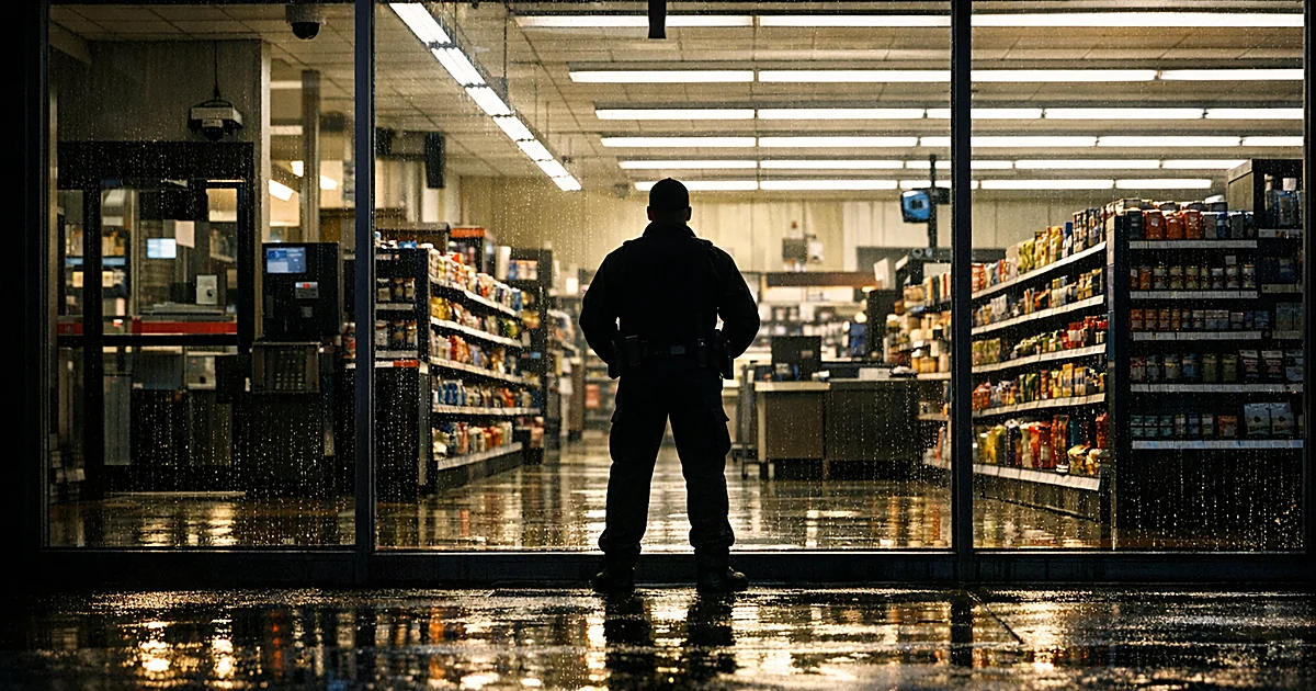 Security guard silhouette standing in grocery store aisle under fluorescent lights viewed from outside