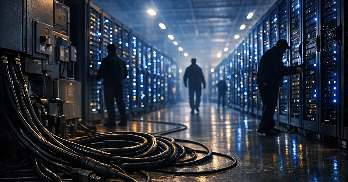 Data center interior with rows of illuminated server racks and industrial power cables on floor
