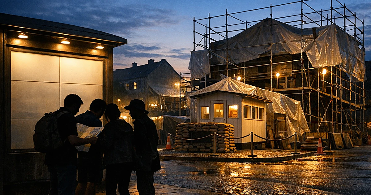 Tourist information kiosk at dusk with silhouetted travelers and reconstructed historical building under scaffolding