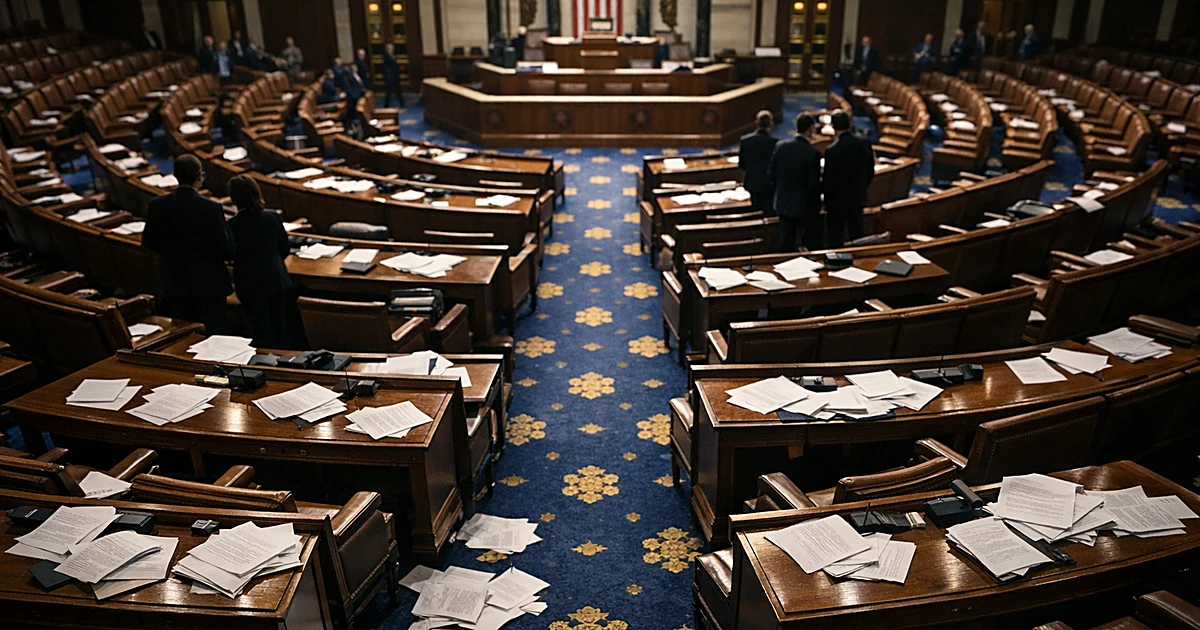 Empty House chamber with scattered papers on desks, dramatic overhead lighting casting shadows across divided seating rows