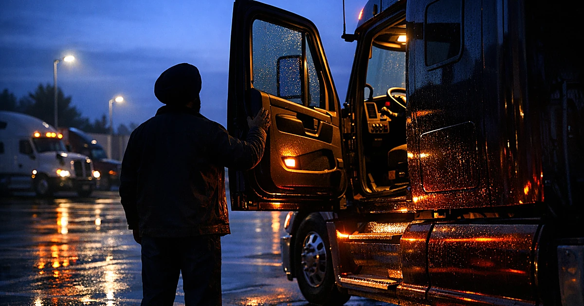 Semi-truck with open door at dimly lit rest area at night, silhouetted driver standing beside cab