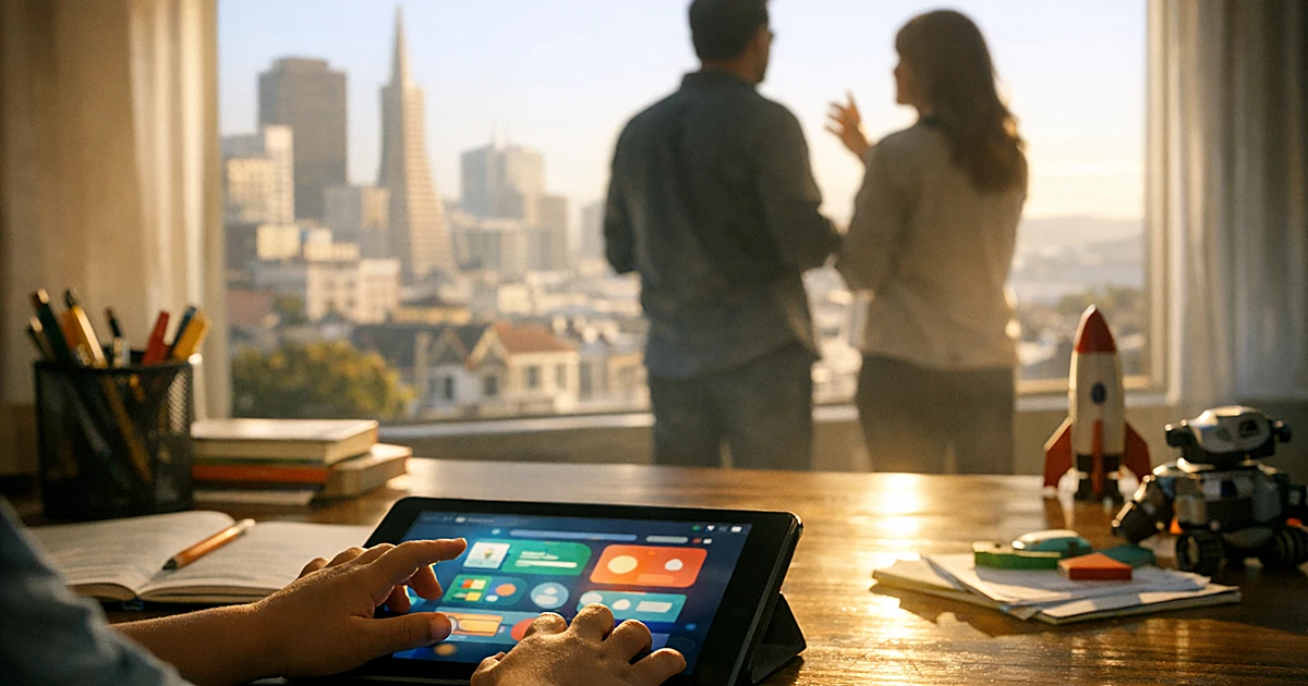 Child's hands using tablet for AI learning in home office with San Francisco skyline visible through window