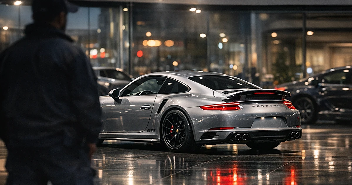 Luxury Porsche sports car in an upscale dealership showroom under dramatic lighting