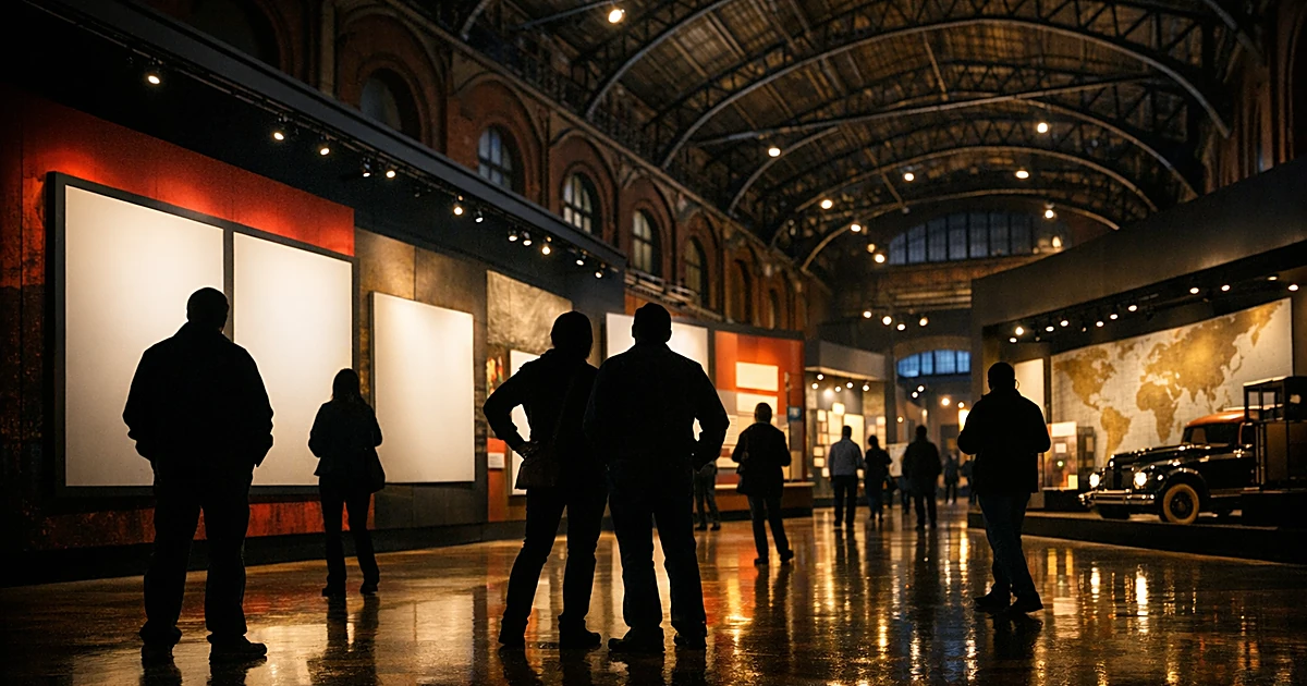 Silhouetted visitors viewing blank exhibition panels in a large museum gallery with dramatic lighting