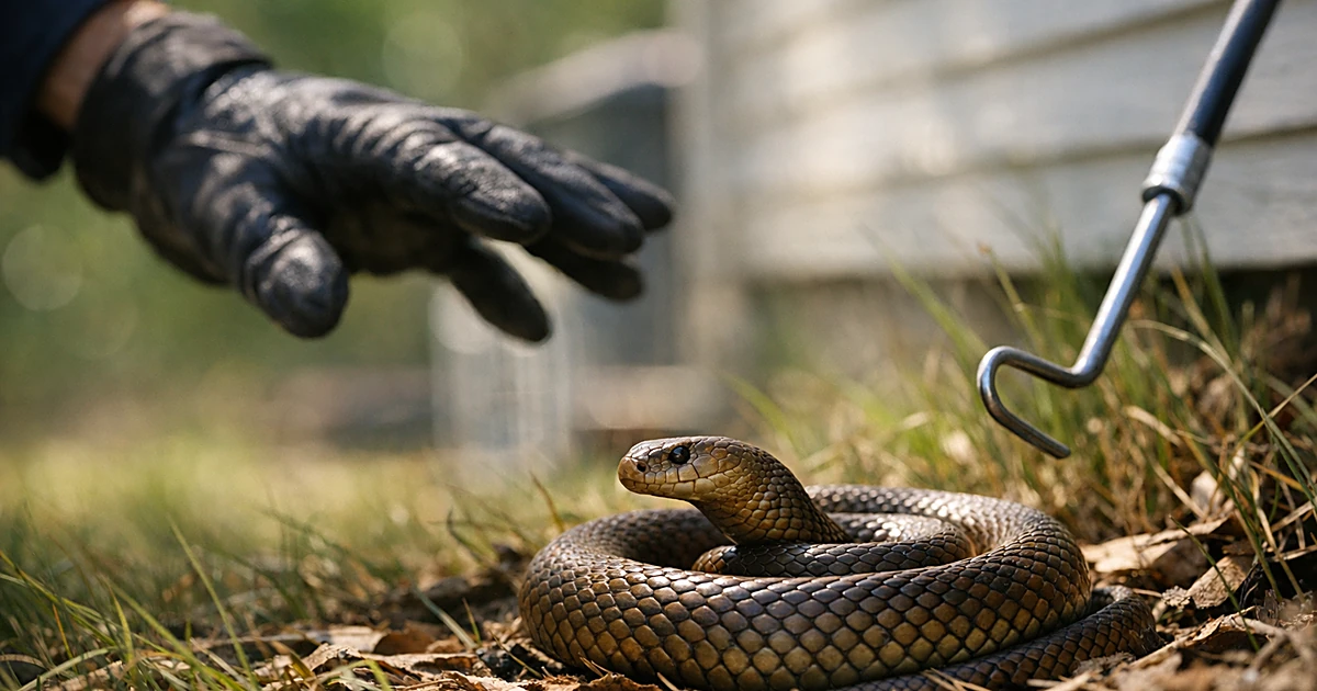 Gloved hand approaching coiled brown snake in grass near residential home with blurred background