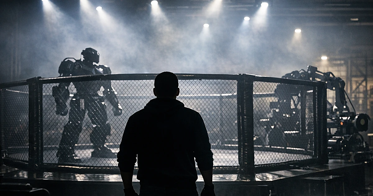 Empty MMA cage at night with silhouetted figure and industrial equipment visible through chain-link fence