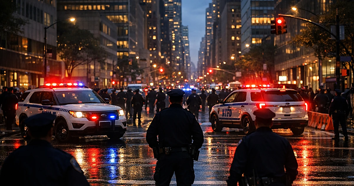 NYPD patrol cars with emergency lights at Manhattan intersection during protest response operation
