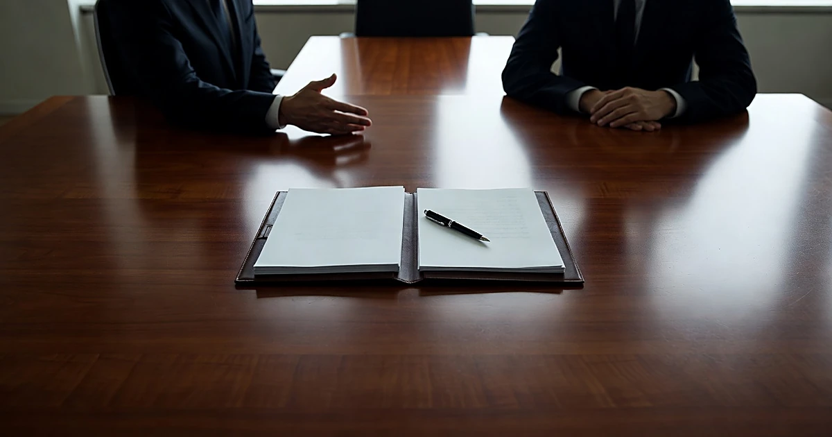 Silhouetted figures at boardroom table with open portfolio and documents during private meeting