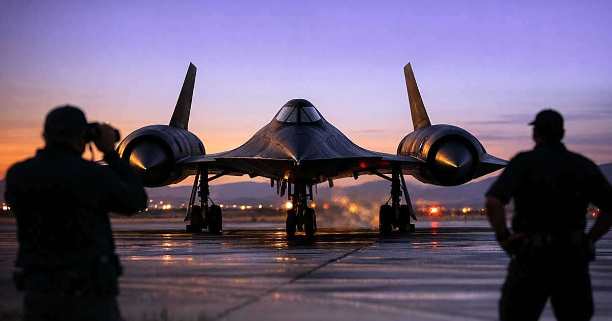 SR-71 Blackbird reconnaissance aircraft on desert airfield at dusk with dramatic sky
