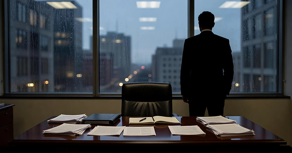 Municipal office desk with documents and silhouetted figure at window during dusk