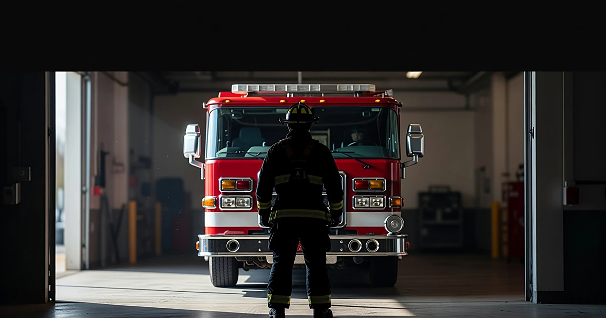 Firefighter silhouette facing fire engine in station apparatus bay with natural daylight