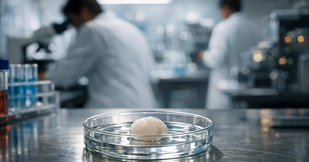Laboratory petri dish containing brain organoid on research bench with scientists working in background