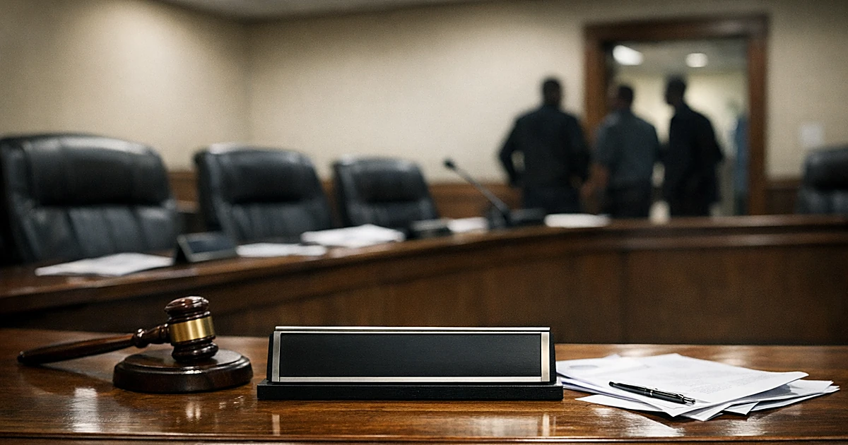 Empty city council chamber with vacant mayor's seat and nameplate under fluorescent lights