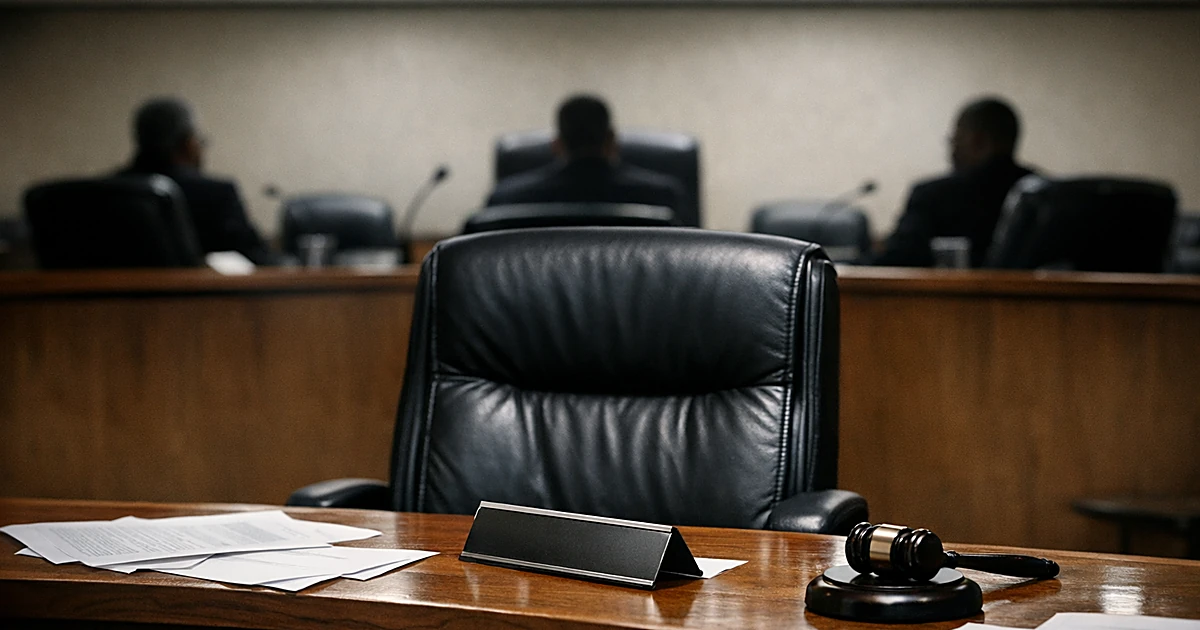Empty mayor's chair at council table with scattered papers and silhouetted council members in background